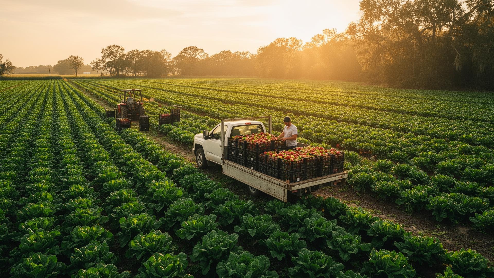 Truck loaded with fresh produce at sunrise in a Louisiana field